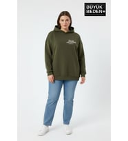 Kadın Büyük Beden Rahat Kalıp Hoodie -Unified Baskılı Kapüşonlu Sweatshirt SPR26BSWK968 (Haki)