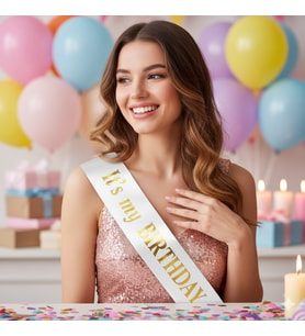 It's My Birthday – Beyaz Saten Kuşak Üzeri Gold Yazılı Doğum Günü Kuşağı
