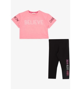 Breeze Kız Çocuk Kapri Taytlı Crop Takım Yazı Baskılı 8-12 Yaş, Neon Pembe
