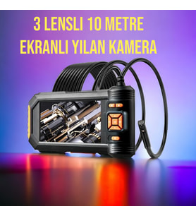 Ekranlı 3 Lensli Endoskop Yılan Kamera 10 Metre Sert Kablo SD Karta Kayıt