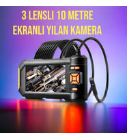 Ekranlı 3 Lensli Endoskop Yılan Kamera 10 Metre Sert Kablo SD Karta Kayıt