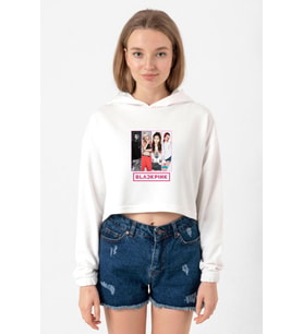 Black Pink Band Ekru Kadın Crop Kapşonlu