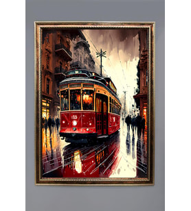 Kırmızı Tramvay Desenli Dijital Baskılı Kadife Kumaş Çerçeveli Tablo TBL0052 (Çok Renkli)