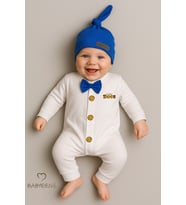 BABYDEN'S Minik Patron Erkek Bebek Düğmeli Tulum ve Bere Seti – Papyonlu,Manşetli Paça, %100 Pamuk Bebek Tulum (Saks Mavisi)