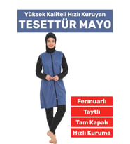 Özel Üretim Yüksek Kaliteli Konforlu Fermuarlı Taytlı Tam Kapalı Deniz Havuz Yüzücü TESETTÜR MAYO (Mavi)