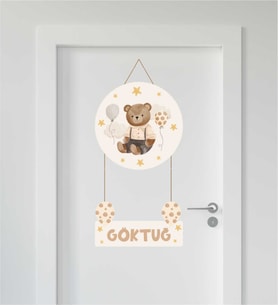 Kişiye Özel Bebek Odası Ahşap Kapı Süsü Sevimli Ayıcık