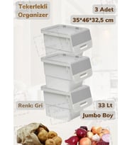 3’lü Tekerlekli Patateslik Soğanlık Oyuncak Kutusu Patates Soğan Sepeti Motek Gri 33 Lt