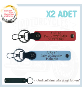 Yol Arkadaşları İçin, İsim Plaka ve A- Kan Grubu Kişiye Özel x2 Anahtarlık Set, Nar Çiçeği-Mavi-Laci