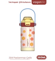 360 ML Çocuk Termosu Tek Kapak Çift Kullanım Pipetli Rahat İçim Kulplu Paslanmaz Çelik Termos 1104-360ML