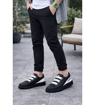 JY029 Mono Bağcıksız 3 Bantlı Lastikli Legend Cilt Erkek Günlük Sneaker Ayakkabı CST - Siyah/Beyaz