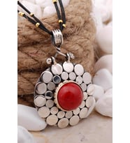 Mercan Taşlı Pullu Elişi Gümüş Kolye 7432 (Gümüş - Altın)