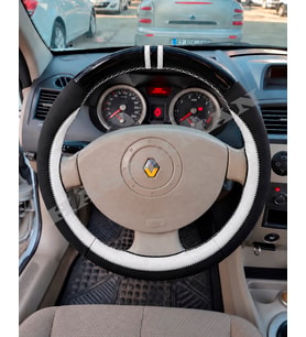 Renault Kangoo 2 Dikme Direksiyon Kılıfı Parlak Siyah Beyaz Detaylı Beyaz Çift Yüzük ve Dikiş 2008-2012