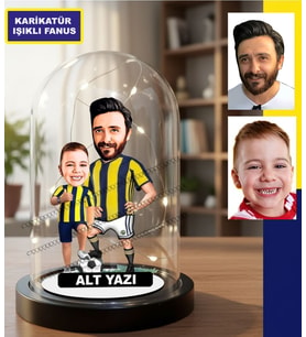 KİŞİYE ÖZEL BABA OĞUL SARI  LACİVERT  TARAFTAR TASARIM IŞIKLI KARİKATÜR FANUS BİBLO
