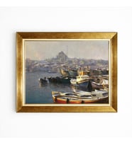 Tablore Tarihi İstanbul Manzaralı Sandallar Gold Çerçeveli Tablo Nostaljik Salon Duvar Kanvası