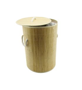 YUVARLAK BAMBU AHŞAP KİRLİ ÇAMAŞIR SEPETİ 35X60CM SEYYAR KAPAKLI İÇİ BEZLİ İP KULPLU (5680)