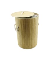 YUVARLAK BAMBU AHŞAP KİRLİ ÇAMAŞIR SEPETİ 35X60CM SEYYAR KAPAKLI İÇİ BEZLİ İP KULPLU (5680)