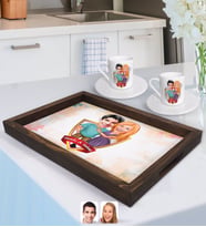 BK Gift Kişiye Özel İsimli Sevgililer Karikatürlü Doğal Ahşap Tepsi ve 2’li Kahve Fincan Seti-80