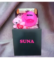Pembe Fosforlu Fincan ve  Anahtarlık Ayıcık ve Özel baskılı Kutuda