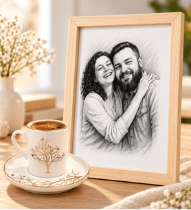 Kişiye Özel Karakalem Fotoğraflı Ahşap Çerçeve ve Hayat Ağacı Porselen Kahve Fincanı