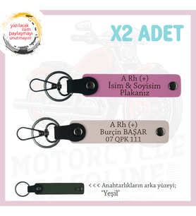 Motor Severlere, İsim Plaka ve A Rh (+) Kan Grubu, Özel Tasarım Deri x2 Anahtarlık, Pudra-Pembe-Ysl