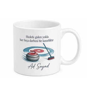 Curling Sporcusuna Özel Fırça ve Taş Çizimli Hedefe Doğru Kupa Bardak Hediye
