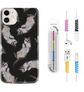 Apple iPhone 11 12 13 Mini Kılıf Kablo Koruma Spiral Silikon Sevimli Kedicikler 1785