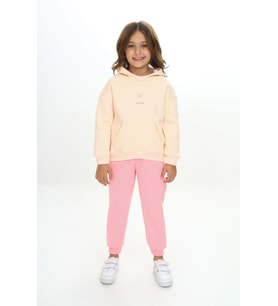 Toontoy Kız Çocuk Kapüşonlu Kanguru Cepli Nakışlı Eşofman Takım (Pembe)