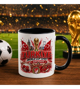 BK Gift Türkiye Taraftar Temalı Dünya Futbol Kupası Tasarımlı Siyah Kupa Bardak-9 Tek Yürek Milli Takım Ruhu