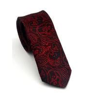 Siyah Şal Desenli Kırmızı Dokuma Kumaş Mendilli Slim Fit Kravat // SDK-2607-4