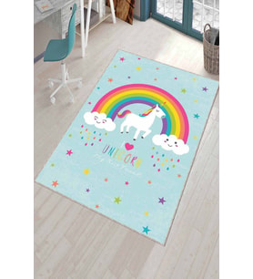 Mavi Kaymaz Tabanlı Yıkanabilir Unicorn Çocuk Halısı AR752