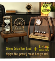 Ahşap El yapımı Masa üstü Newton Denge Topu + Kum Saatli Dönme Dolap 2' Lİ SET & Ofis Hediyesi Tiktop