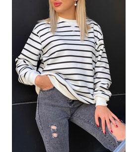 22434188 Üç İplik Çizgili Sweatshirt EKRU SIYAH (Siyah-Ekru)