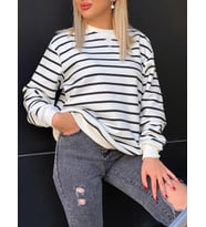 22434188 Üç İplik Çizgili Sweatshirt EKRU SIYAH (Siyah-Ekru)