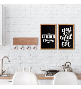 BK Home Doğal Ahşap Dekoratif Fincan Askılığı ve 2’li Mutfak Konseptli Ahşap Tablo-1 (Beyaz)