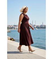 Kadın Büyük Beden Maxi Elbise Bisiklet Yaka Kolsuz Örme Kumaş A Kesim Büzgü Detaylı Düz Kalıp