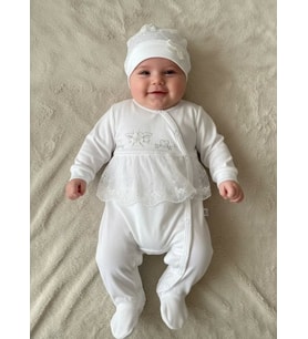 Dantelli Çiçek Nakışlı Kız Bebek Tulum %100 Pamuk
