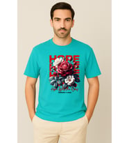 Erkek - Kadın %100 Pamuk Hope Gül Desenli Baskılı Yarım Kollu Bisiklet Yaka T-Shirt (Turkuaz)