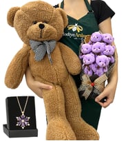 Premium Hediye Seti - Ametist Taşlı Lotus Kolye, 7'li Ayıcık Buketi ve Kahve Peluş Ayıcık (Model 3)