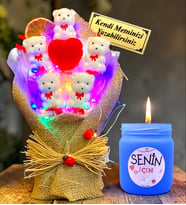 Kişiye Özel Renkli Led Işıklı Ayıcık Buketi ve Mavi Kokulu Mum Hediye Seti