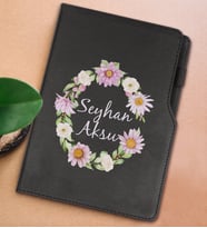 BK Gift Kişiye Özel Çiçek Tasarımlı Siyah Termo Deri Not Defteri 15x21cm-4