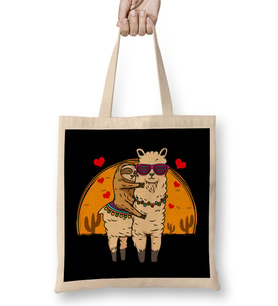 Sloth Riding Llama Cute Fluffy Lama & Sleepy Sloth Bez Çanta Uzun Saplı