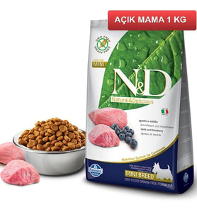 ND Tahılsız Kuzu Etli Yaban Mersinli Küçük Irk Köpek Maması 1 Kg AÇIK
