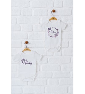 Pia Baby Premium %100 Pamuk İsme Özel Organik Baskılı İkili Set Çıtçıtlı Bebek Body Zıbın Modelleri 5090-17 (Ekru)