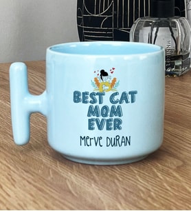 Kişiye Özel Best Cat Mom Ever Hediye Pastel T Kupa En İyi Kedi Annesi (Mavi)