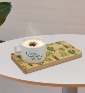 BK Gift Kişiye Özel Kaktüs Tasarımlı Doğal Ahşap Tabaklı Seramik Fincan Sunum Seti  Model 2