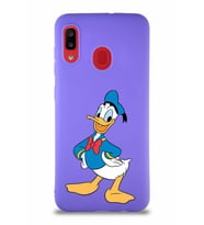 Samsung Galaxy A30 Soft Premier Kapak Donald Duck-C Tasarımlı Silikon Kılıf - Mor (Şeffaf)