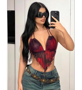 Fantezia Night Kadın Kırmızı Siyah Renklerde Önden Üçgen Kesim Detaylı Crop Askılı Önden Bağlama 5092