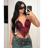 Fantezia Night Kadın Kırmızı Siyah Renklerde Önden Üçgen Kesim Detaylı Crop Askılı Önden Bağlama 5092