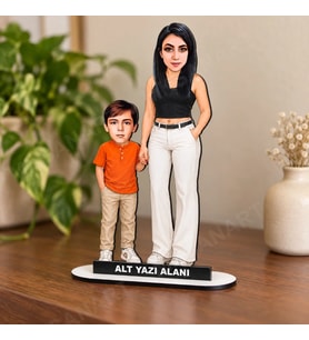 Kişiye Özel Anne Çocuk Karikatürlü 18 cm MDF Masaüstü Biblo - Anne Hediyesi