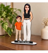 Kişiye Özel Anne Çocuk Karikatürlü 18 cm MDF Masaüstü Biblo - Anne Hediyesi